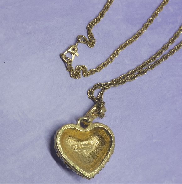Vintage Monet Necklace GoldTone Puffy Heart Pendant Encrusted Rhinestones - Picture 7 of 7